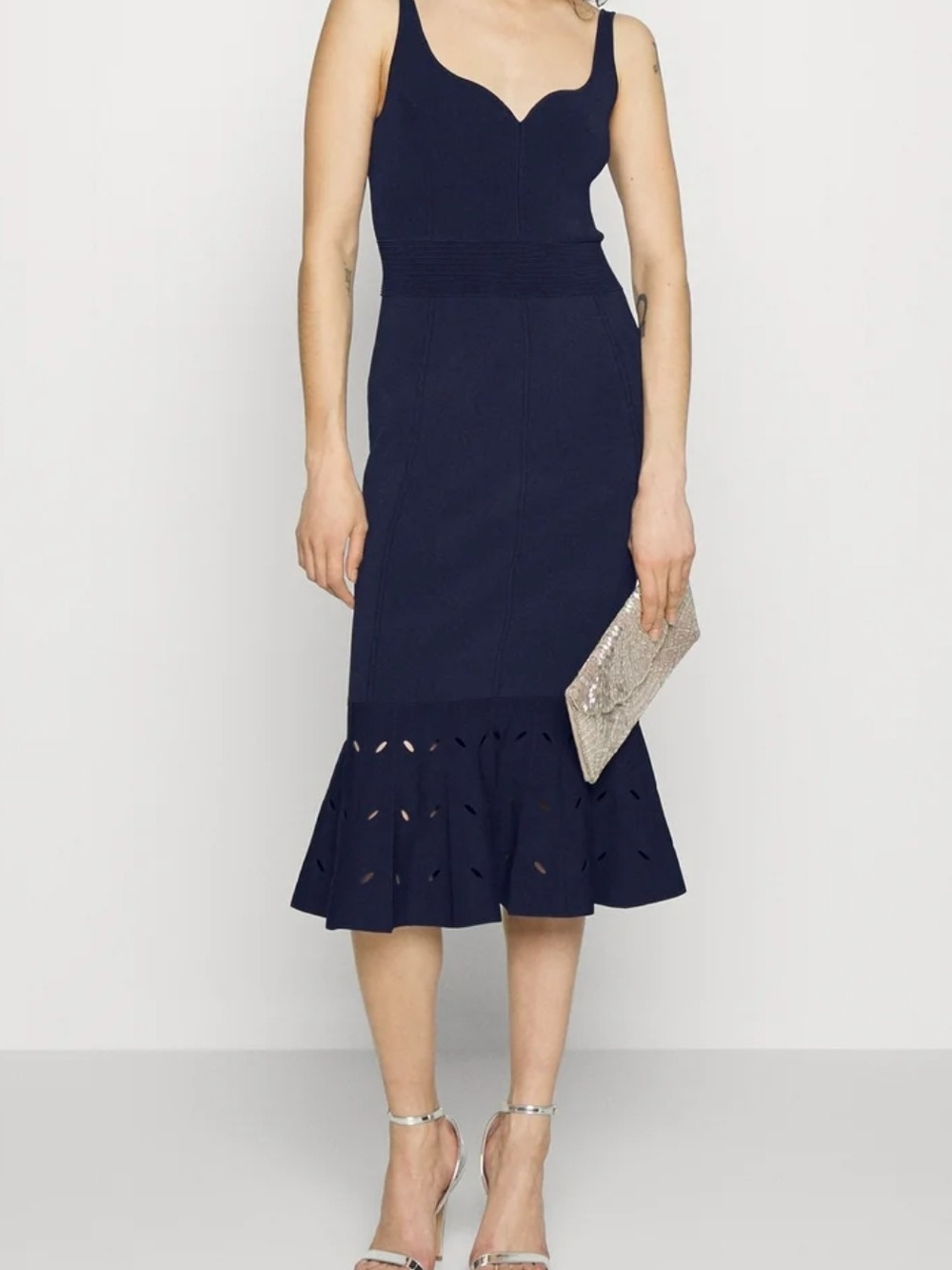 New Ted Baker London Navy Blue Ribbed Knit Sweetheart Midi Dress